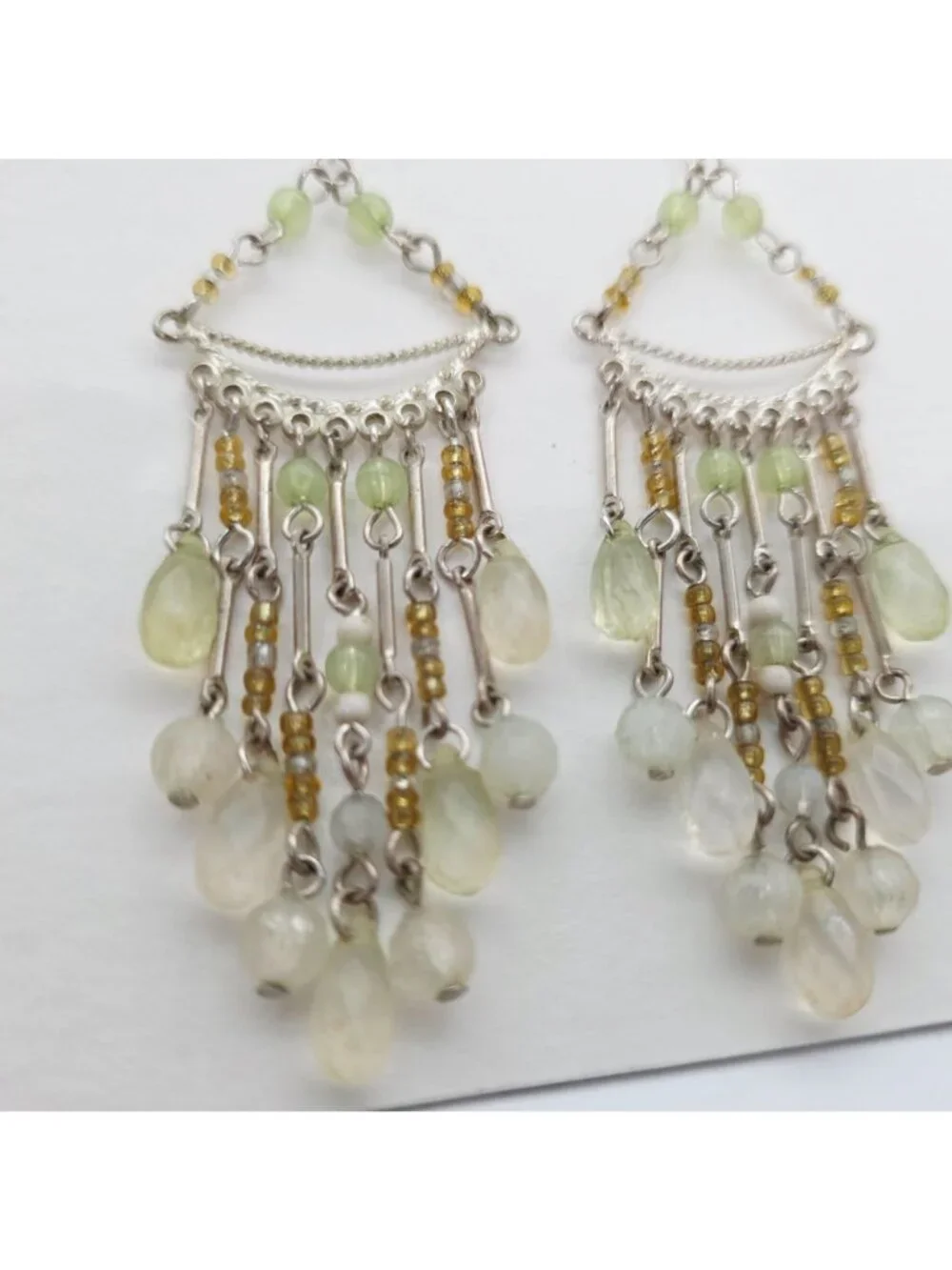 Dangle Chandelier Earrings Green & Yellow Beads On Silver-Tone Chains Boho Style